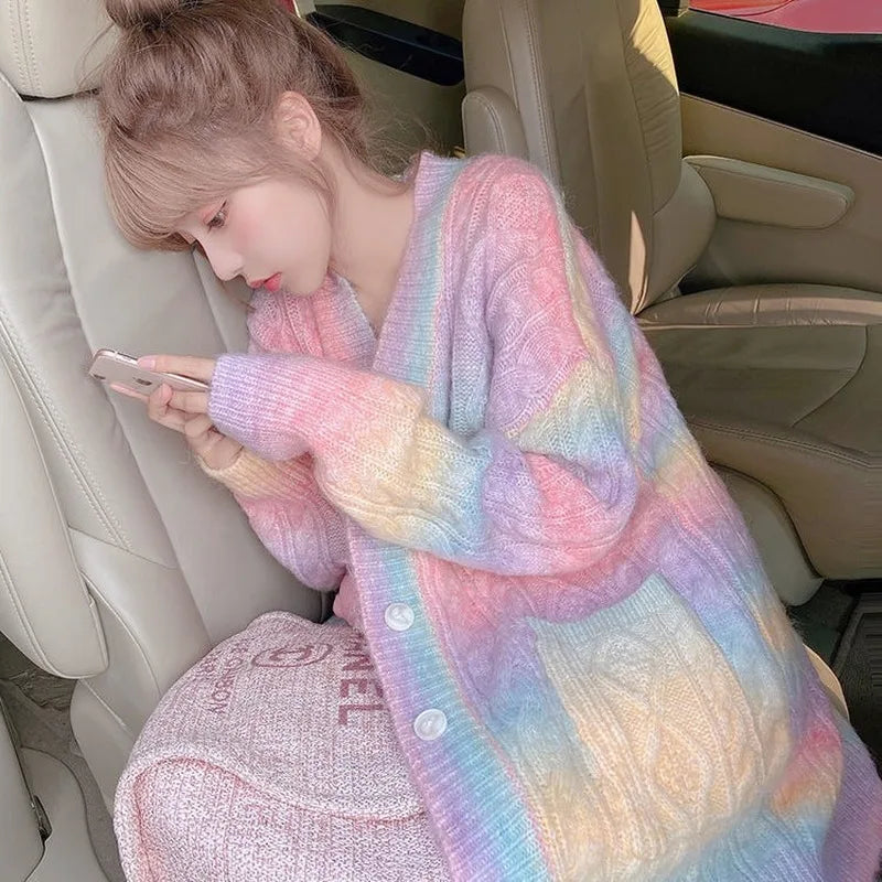 Rainbow Knitted Cardigan Women Autumn Winter Sweet Kawaii Sweater Coat Female Long Korean Button Down Cardigan Fall 2023 Women