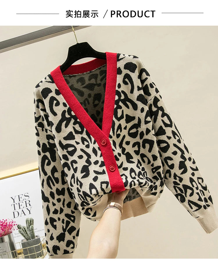 2024 New Autumn And Winter Women's Knitted Leopard Print Cardigans Ladies Single-Breasted Sweater Red Jumper Female Clothing