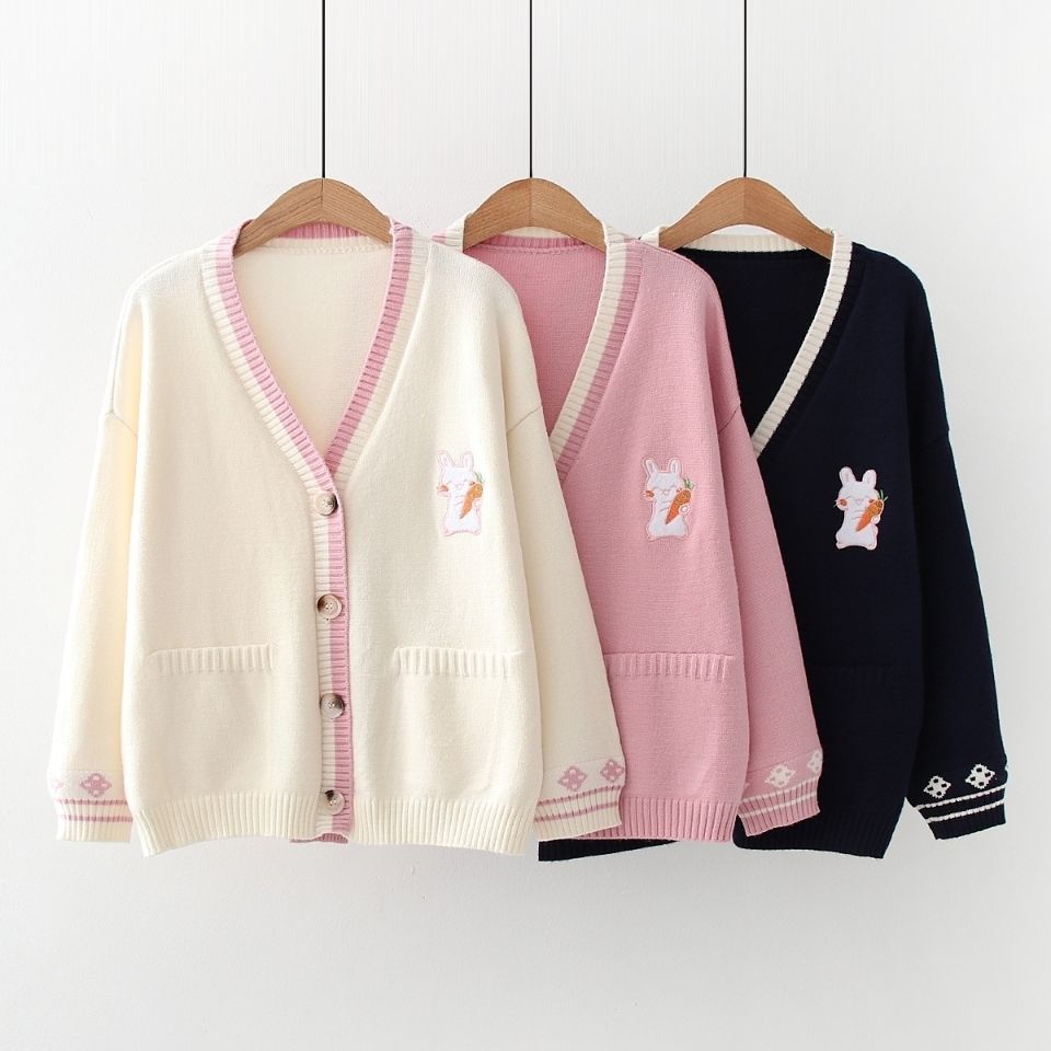 Korobov Korean Sweet Chic Women Sweaters Japanese V Neck Long Sleeve Cute Cardigans 2021 New Embroidery Cardigan