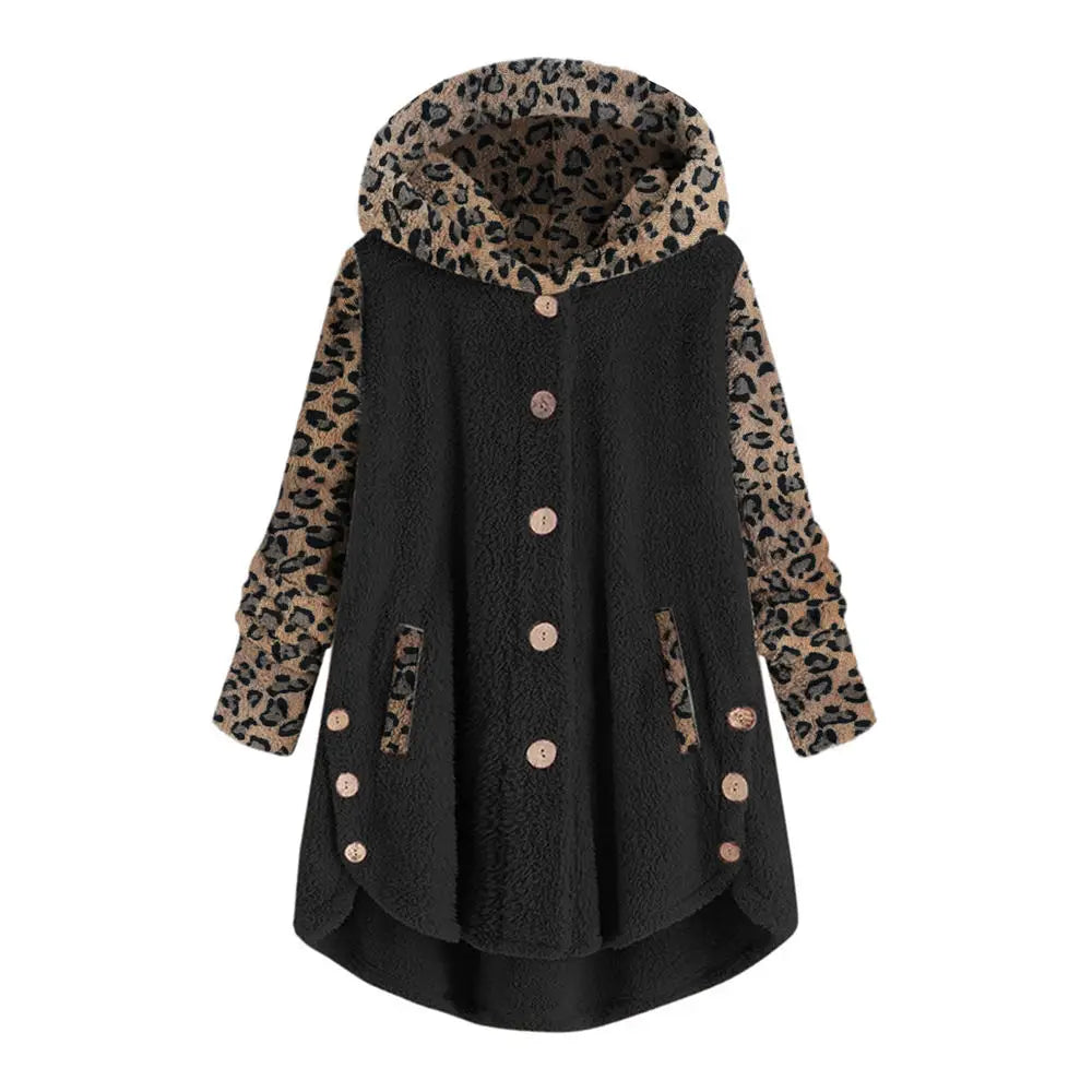 Women Fleece Leopard Sweater Teddy Fuzzy Faux Fur Cardigan Hooded Winter Coat Plus Size 5XL Fluffy Sweaters Lady Oversized Top