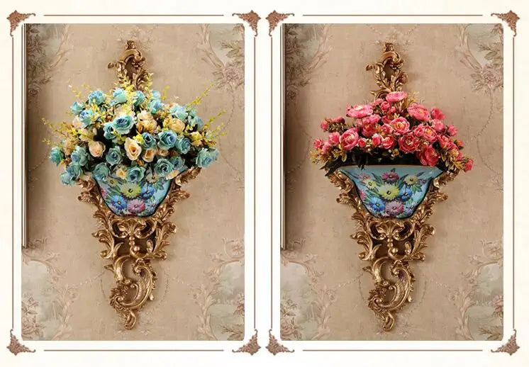 European Resin Wall Hanging Flower Vase Crafts Decoration Home Livingroom Fake Flower Pot Wall Ornaments Hotel Office Wall Decor