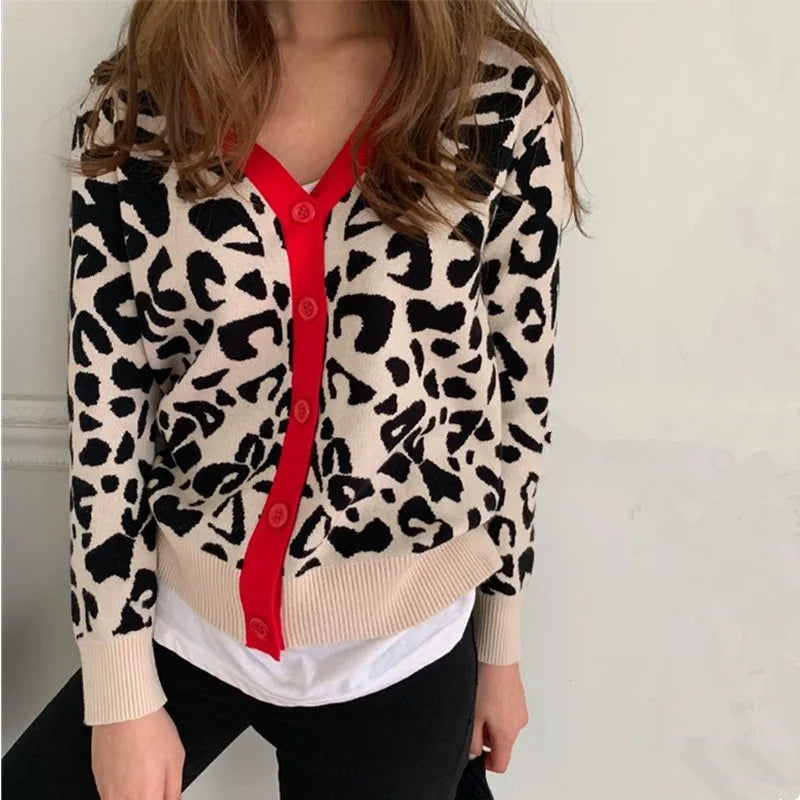 2024 New Autumn And Winter Women's Knitted Leopard Print Cardigans Ladies Single-Breasted Sweater Red Jumper Female Clothing