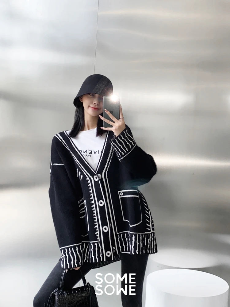 Karrram Print Graffiti Unique Cardigan Women Loose V-neck Long Sleeve Luxury Knitted Female Cardigans Coat Y2k 2021 Winter