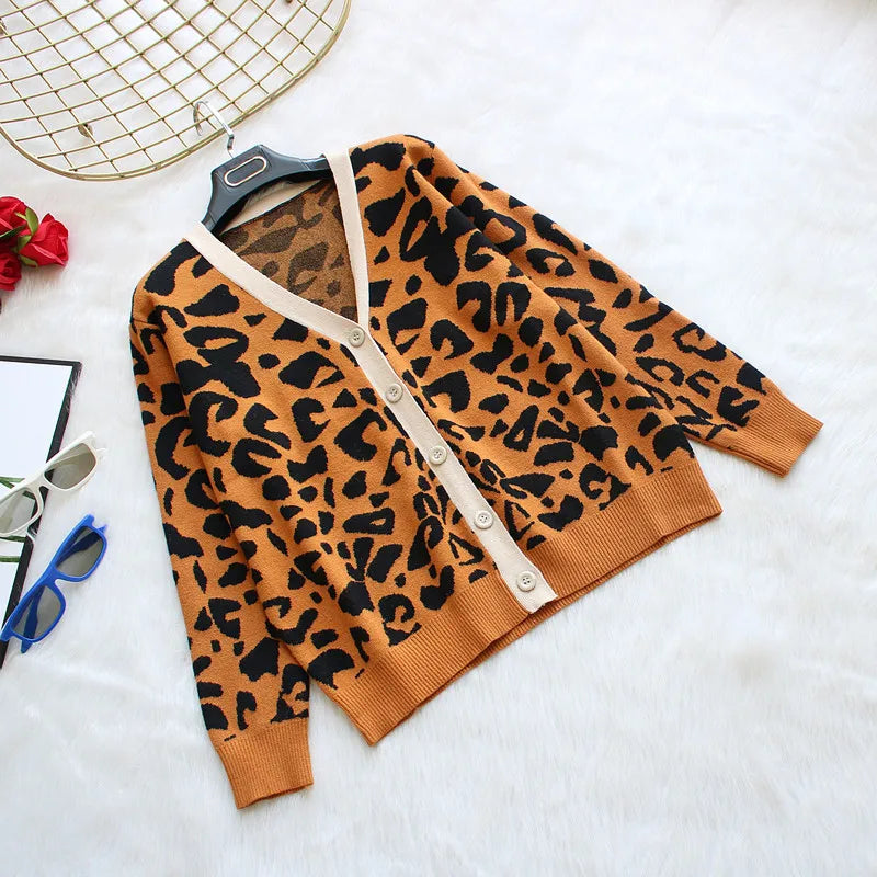 2024 New Autumn And Winter Women's Knitted Leopard Print Cardigans Ladies Single-Breasted Sweater Red Jumper Female Clothing