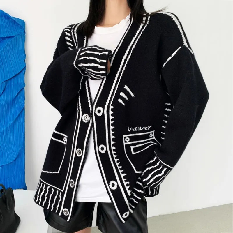 Karrram Print Graffiti Unique Cardigan Women Loose V-neck Long Sleeve Luxury Knitted Female Cardigans Coat Y2k 2021 Winter