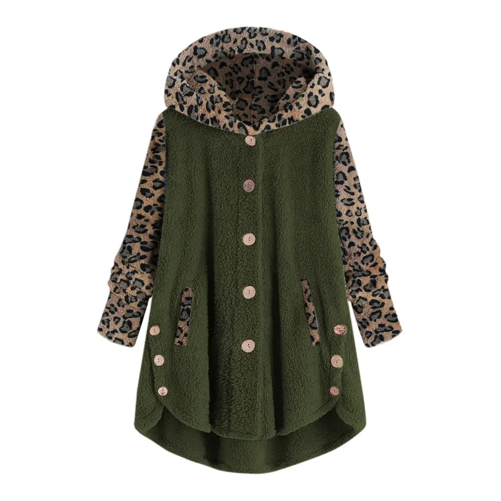 Women Fleece Leopard Sweater Teddy Fuzzy Faux Fur Cardigan Hooded Winter Coat Plus Size 5XL Fluffy Sweaters Lady Oversized Top