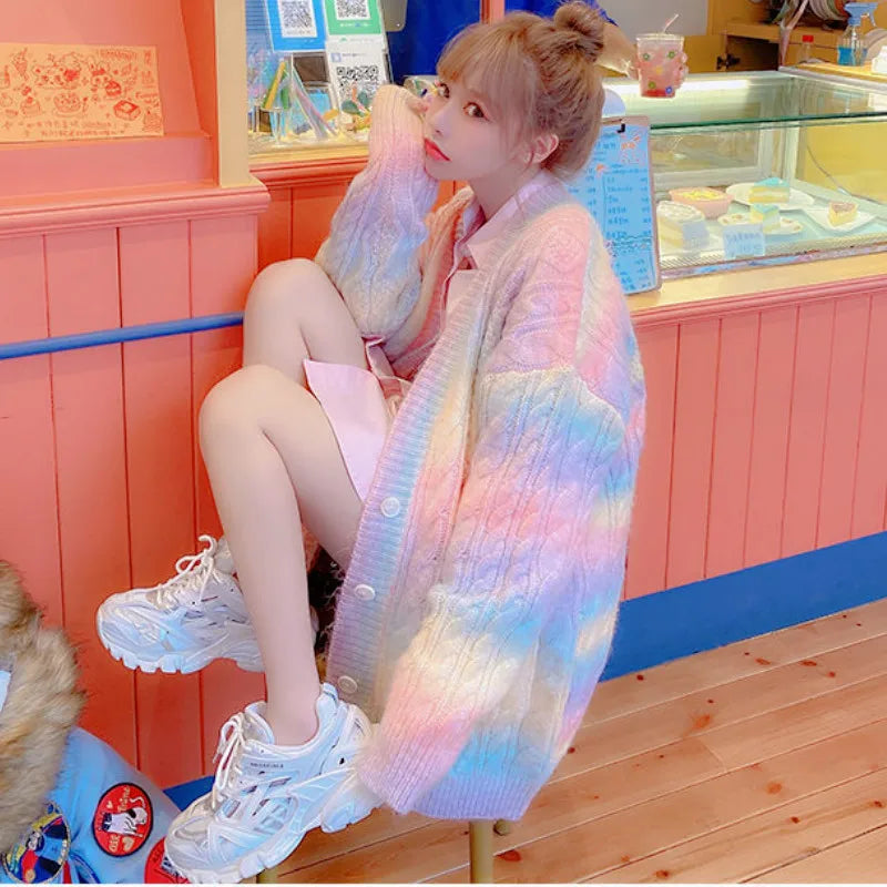 Rainbow Knitted Cardigan Women Autumn Winter Sweet Kawaii Sweater Coat Female Long Korean Button Down Cardigan Fall 2023 Women