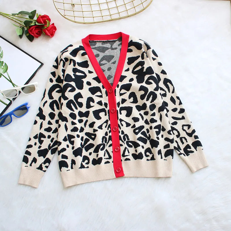 2024 New Autumn And Winter Women's Knitted Leopard Print Cardigans Ladies Single-Breasted Sweater Red Jumper Female Clothing