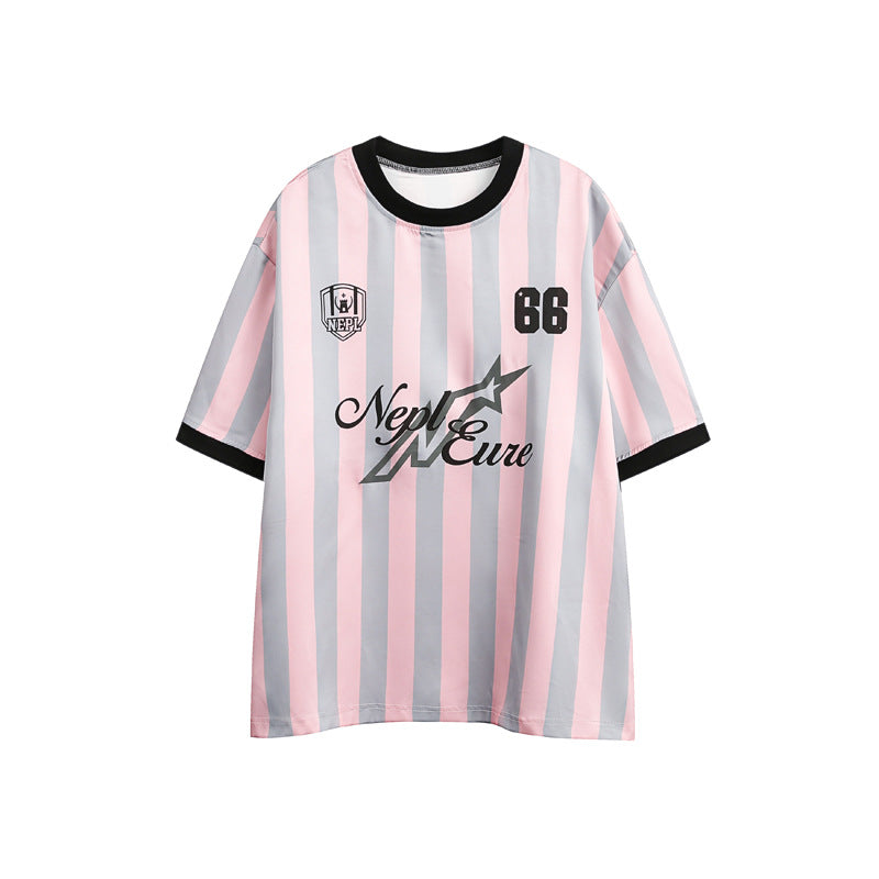 Vertical Stripes Contrast Stitching Short Sleeves Jersey Loose Half Sleeve T-shirt
