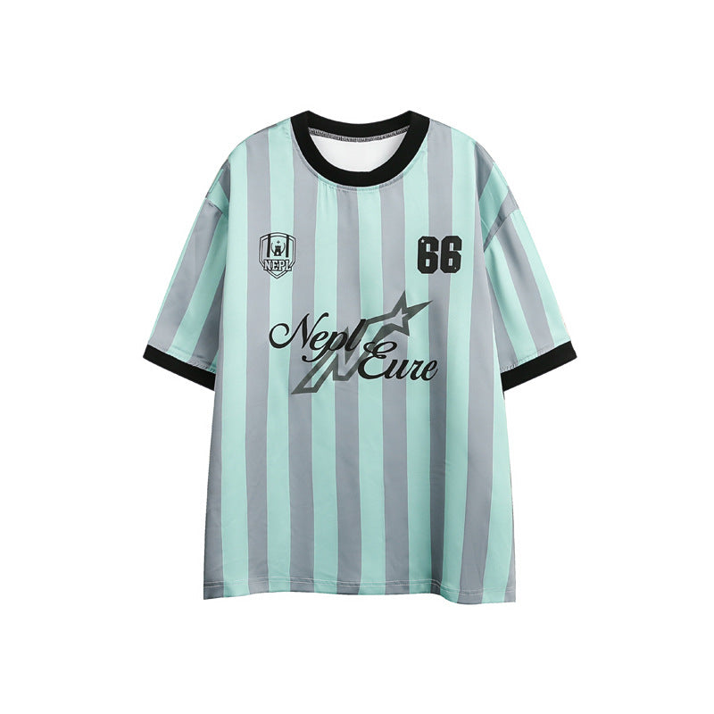 Vertical Stripes Contrast Stitching Short Sleeves Jersey Loose Half Sleeve T-shirt