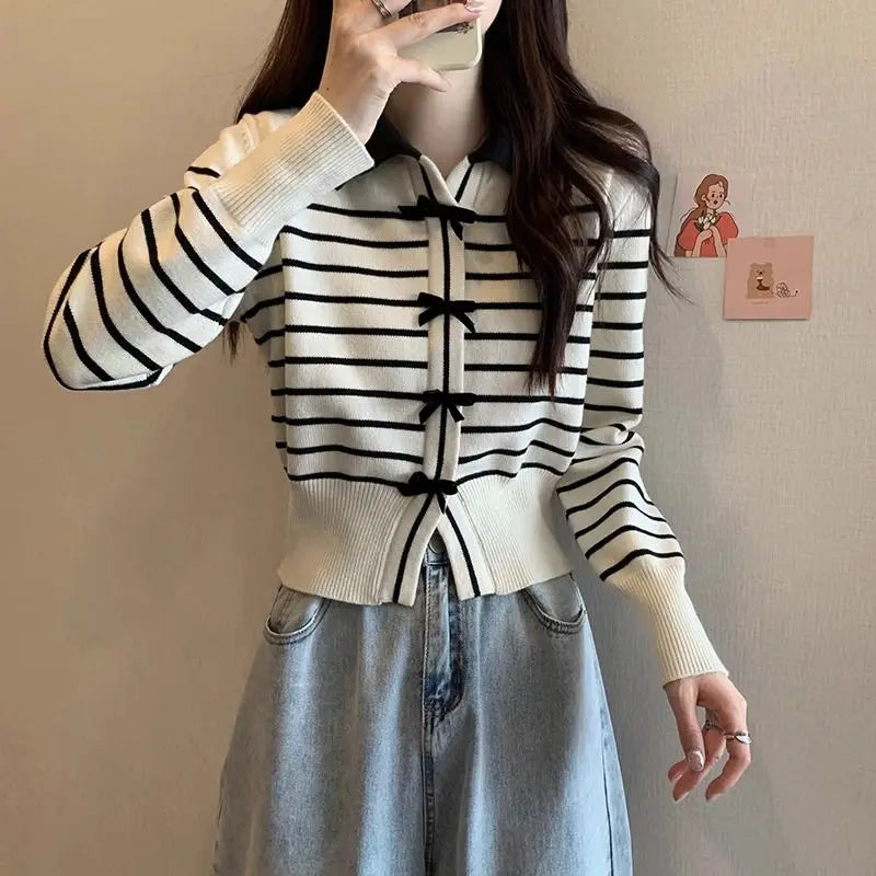 Sweet Cardigan Women Striped Bow Turn-down Collar Knitting Sweater Autumn Preppy Style Fashion Design Girls Outwear Casual Tops