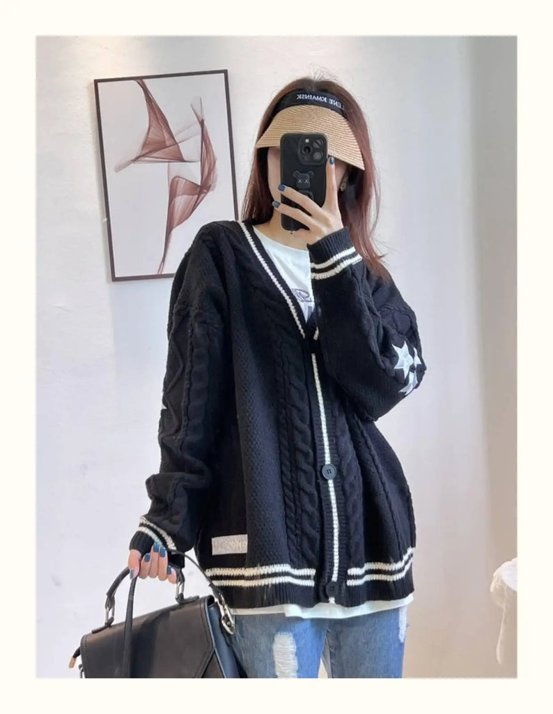 Deeptown Vintage Beige Swift Knit Cardigan Women Y2K College Oversize Star Embroidery Sweater Folklore Knitted Jumper Korean