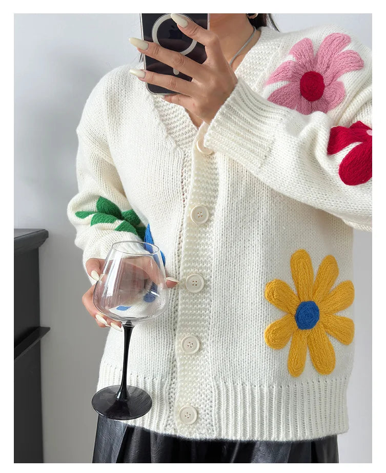 Women Loose-fit Embroidered Flower Cardigan Sweater Thick Casual Open Front Cardigan for Autumn and Winter 2024