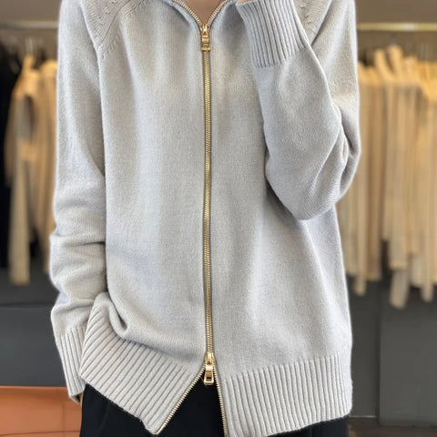 100% Pure Wool Stand Collar, Wool Zipper Cardigan, Lazy Style, 2024 autumn/winter New item, Women's Wool Sweater, Jacket