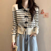 Sweet Cardigan Women Striped Bow Turn-down Collar Knitting Sweater Autumn Preppy Style Fashion Design Girls Outwear Casual Tops