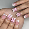 24Pcs Short Square False Nails Press on With Pink Bow Design Leopard Print Fake Nail Wearable French Full Cover Nail Art Tips