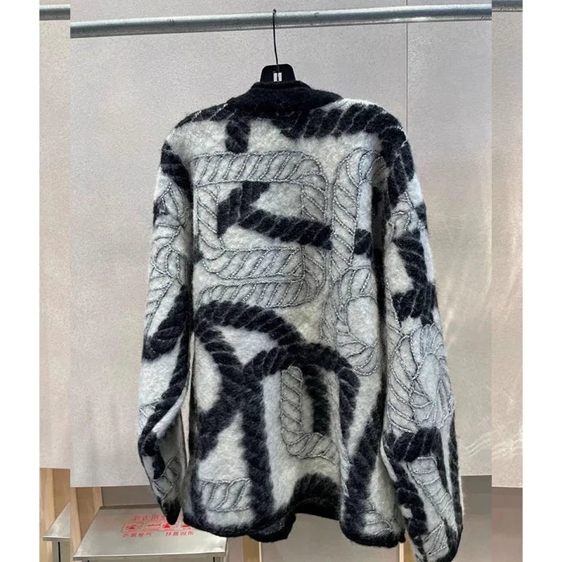 Oversized Cardigan Coat Women Embroidery Mohair Knitted Streetwear Korean Vintage Knitted Sweater Tops 2024 Ropa Mujer N261