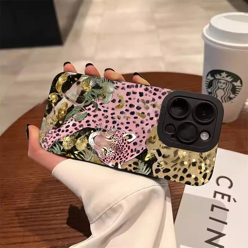 Leopard Print Flower Phone Case For iPhone 16 Pro Max 15 14 13 12 11 XS X XR 7 8 Plus SE 2022 SE3 Shockproof Soft Silicone Cover