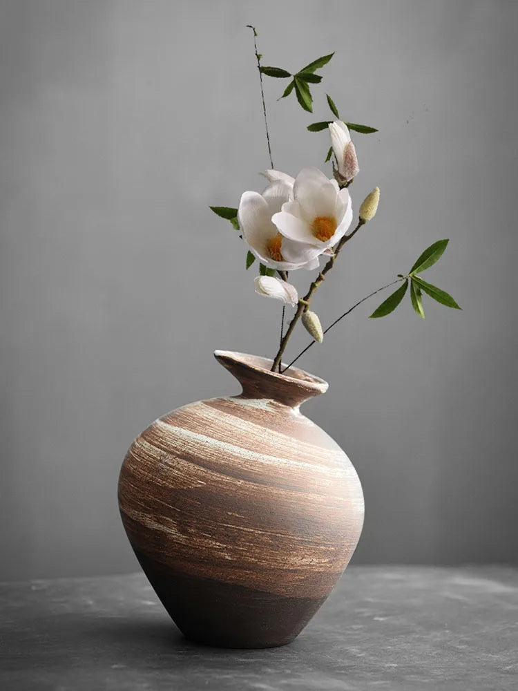 Japanese Style Black Terracotta Vase Imitation Stone Abstract Flower Arranger Table Top Vintage Ornament Living Room Flower Vase