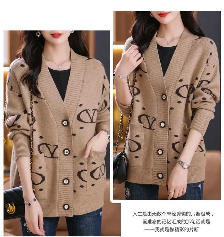 2024 New Korean V-neck Long Sleeve Knitting Cardigan Autumn Winter Thick Oversized Loose Letter Sweater Coat Ladies Vintage Tops