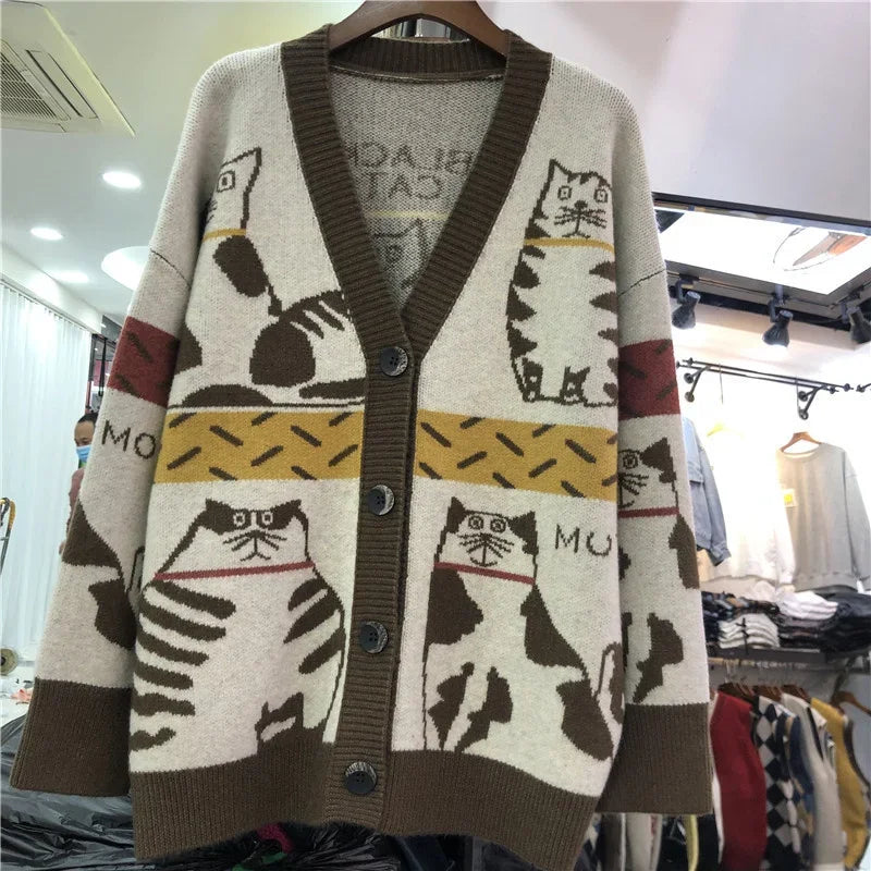 Fall Women Clothing Cute Cartoon Cat Crochet Floral Cardigan Oversized Outwear Korean Knit Sweater Coat Pull Femme