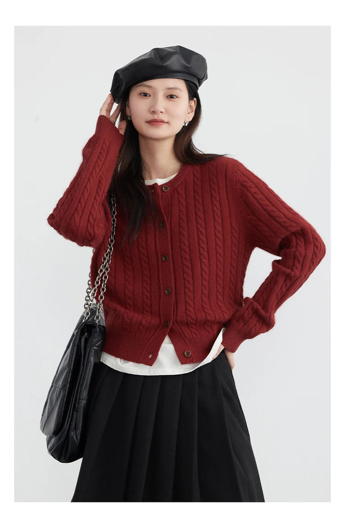 CHIC VEN Women Cardigan Casual Red  Round Neck Twisted Raccoon Hair Female Knitted Sweaters Ladies Jumpers Spring Autumn 2024