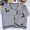Deeptown Vintage Beige Swift Knit Cardigan Women Y2K College Oversize Star Embroidery Sweater Folklore Knitted Jumper Korean