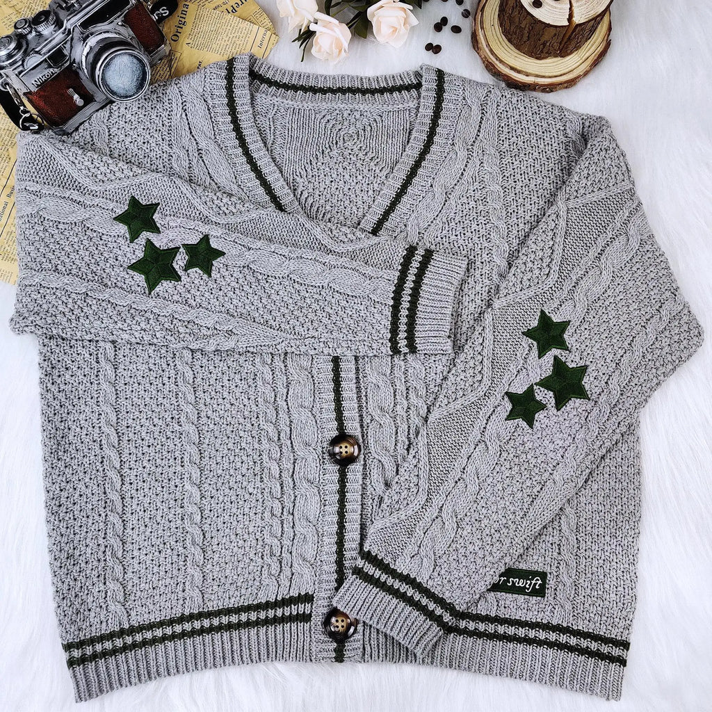 Deeptown Vintage Beige Swift Knit Cardigan Women Y2K College Oversize Star Embroidery Sweater Folklore Knitted Jumper Korean