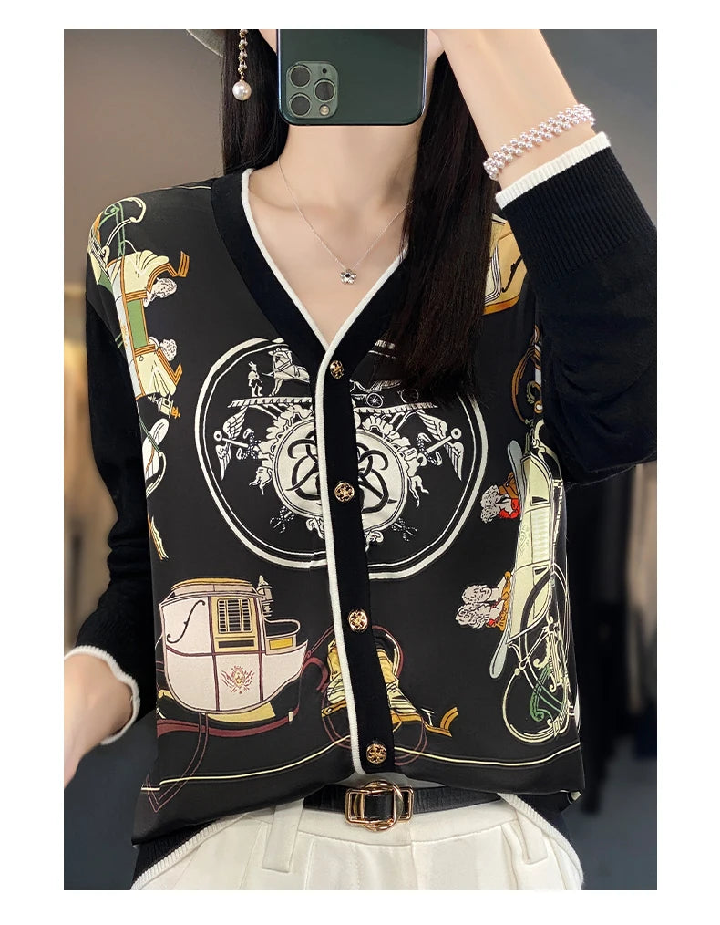 Spring And Autumn New Wool Coat Jacket Women's Long Sleeve Wide V-Neck Printed Stitching Sweater Thin Cardigan