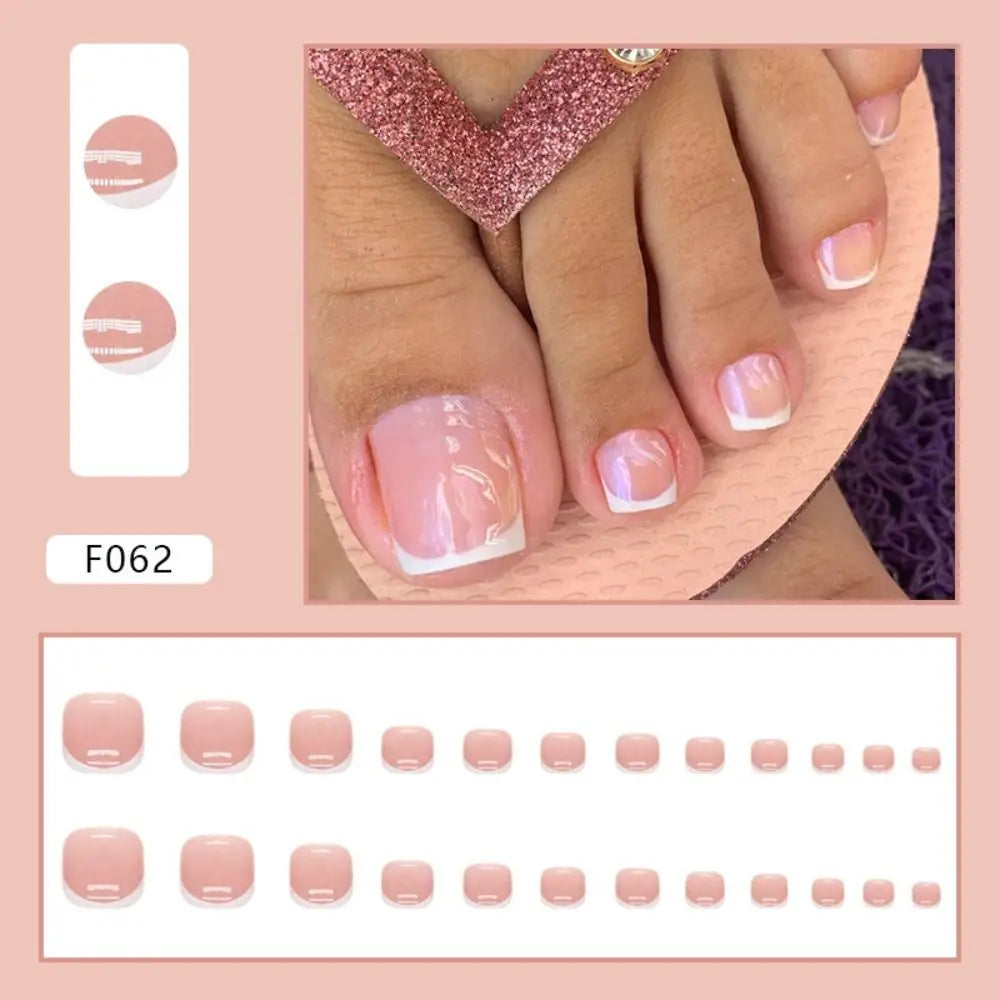 24pcs Simple French Fake Toenails White Edge Pink Short Square Toe Nails Full Cover Foot Nails Tips for Women Girls