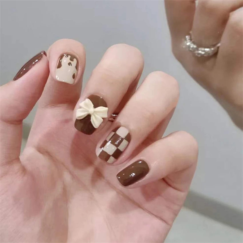 24Ps/Set Medium Long French Fake Nails Bow Japan Nude Pink with Pearls Artificial Acrylic Press on Nails Removable Stick on Nail