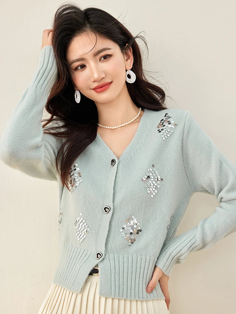 Autumn New V-neck Knitted Cardigan Women's Chic Design Loose Single Breasted Sweater Coat Temperament Long Sleeve Top