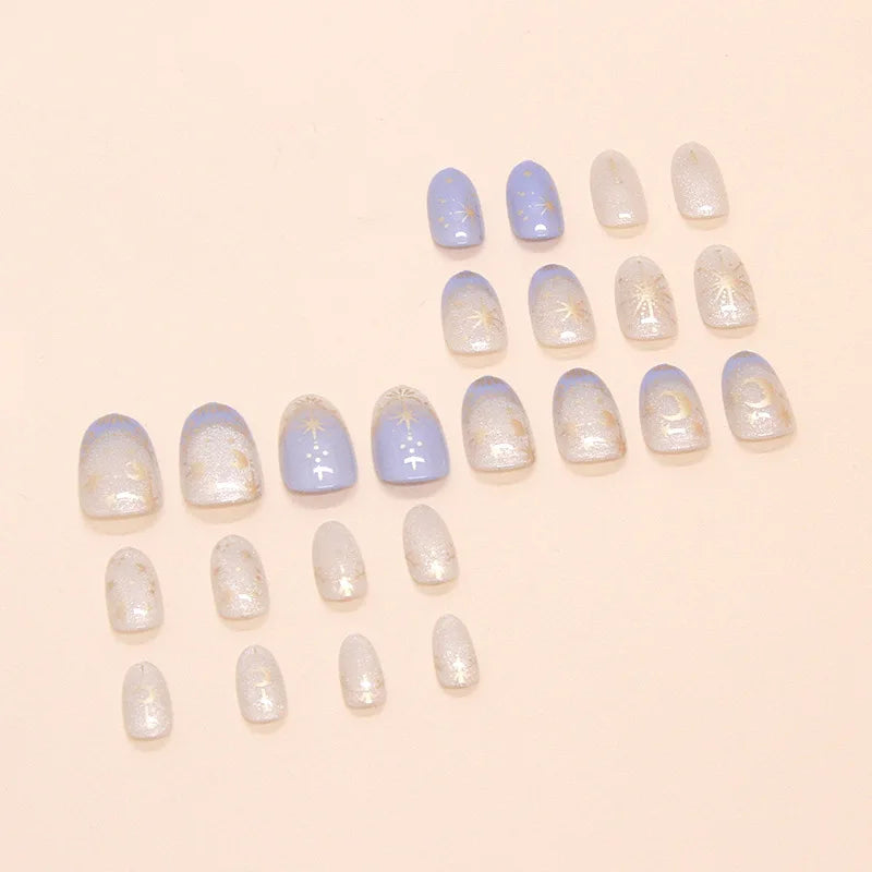 24pcs Romantic Y2k Star Press On Nails Gradient Blue French Style Gold Moon Designs Fake Nail Sweet Almond False Nails For Women