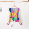 Sleeve Patchwork Female Sweaters 2023 Elegant Casual Lady Top Hollow Out Colorful Kint Cardigan Women Sweater Autumn Long Puff