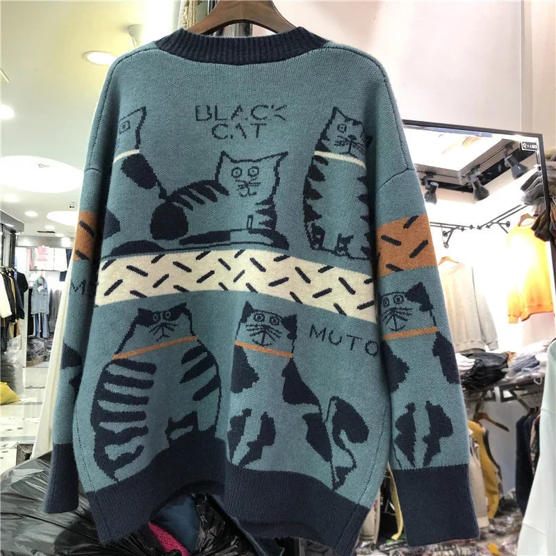 Fall Women Clothing Cute Cartoon Cat Crochet Floral Cardigan Oversized Outwear Korean Knit Sweater Coat Pull Femme