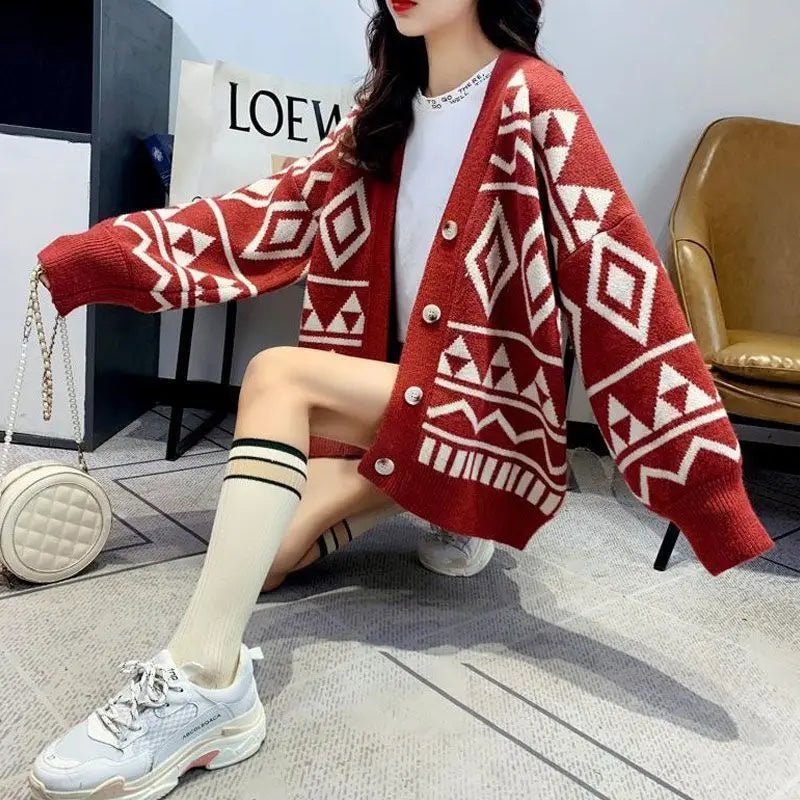 Women's 2024 Autumn/Winter New Retro Geometric Diamond Shaped Sweater Loose Outerwear Lazy Style Coat Thick Knitted Cardigan