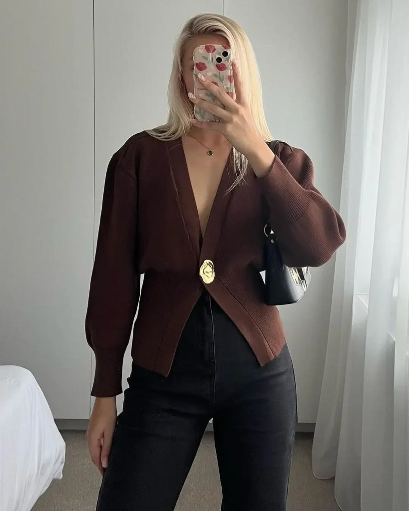 Elegant Brown One Button Knitted Cardigan For Women Solid V Neck Long Sleeve Loose Sweater 2024 Autumn Female High Streetwear