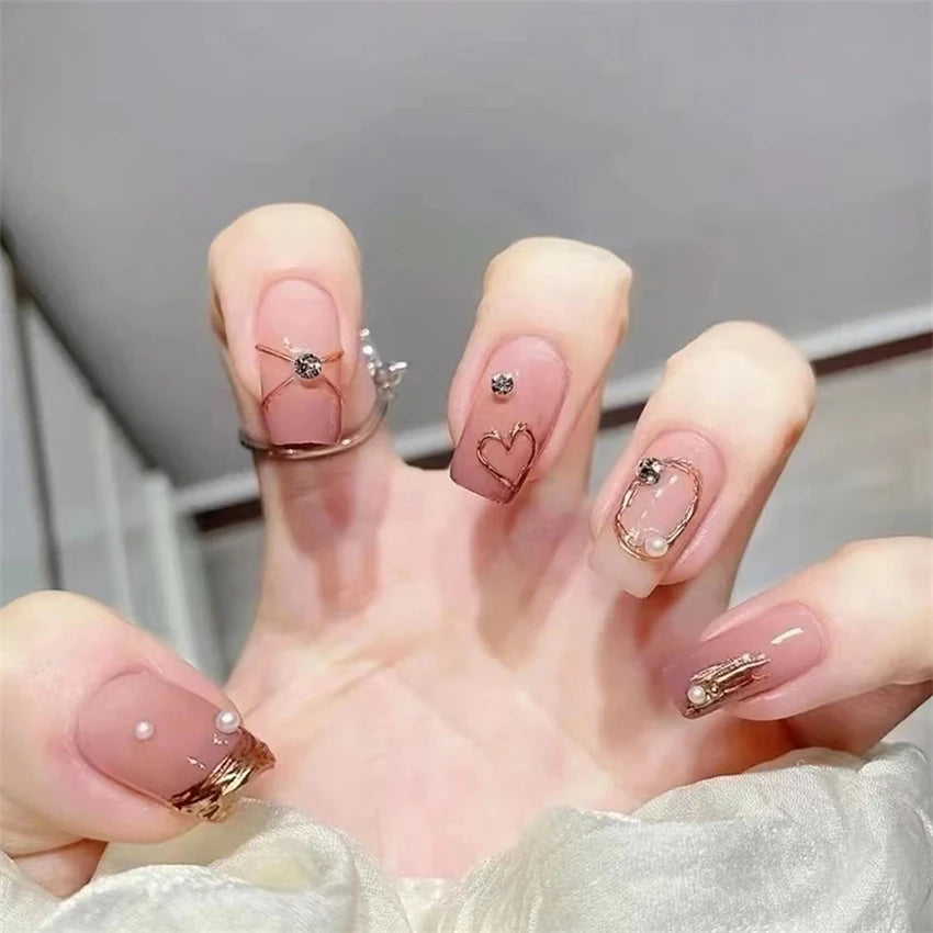 24Ps/Set Medium Long French Fake Nails Bow Japan Nude Pink with Pearls Artificial Acrylic Press on Nails Removable Stick on Nail