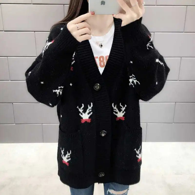 Spring Autumn Winter Oversized Sweater Coat Women Clothes Loose Mid Length Top Printing Knitting Cardigan Warm Top Tee Women's