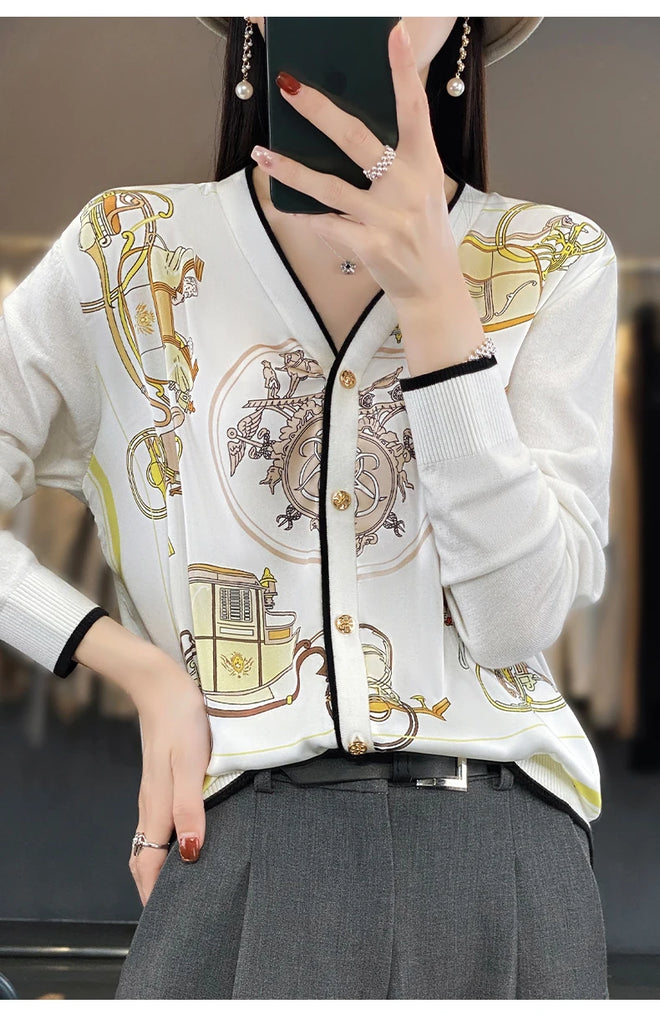 Spring and Autumn New Woven Wool Cardigan Women's V-neck Color Matching Sweater Thin Loose Silk Printed Long Sleeve Knitted Jack