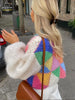 Sleeve Patchwork Female Sweaters 2023 Elegant Casual Lady Top Hollow Out Colorful Kint Cardigan Women Sweater Autumn Long Puff