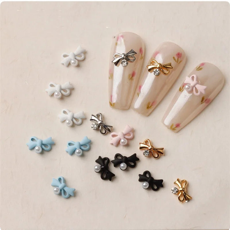 10Pcs Ribbon Bow Pearl Nail Art Charms 3D Alloy Bowknot Nail Art Rhinestones Decorations DIY Manicure Parts Accessories Kawaii