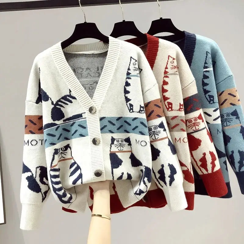 2023 Spring and Autumn New Cartoon Contrast Color Fashion Sweater Women's V-neck Knitted Cardigan Coat Trend