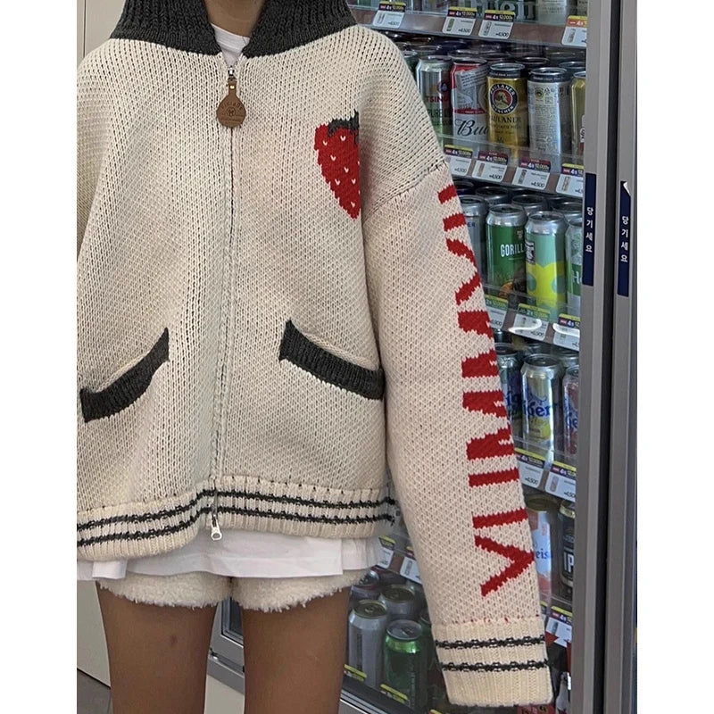 Gagarich Korean Chic Autumn Winter Personality Back Cartoon Jacquard Contrasting Color Versatile Hooded Knitted Cardigan Sweater