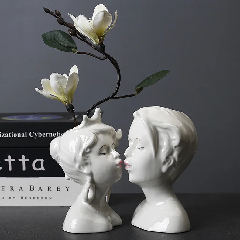 Ceramic Head Face Vase Small Lovers Kiss Statue Flower Pot White Black Modern Planter for Home Table Decoration Floral Art Gifts