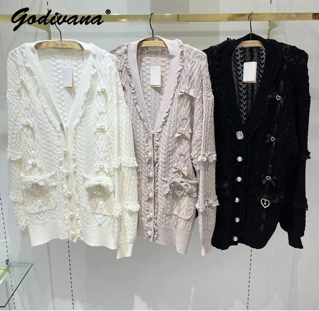 Japanese Style Ribbon Weaving Hollow Pocket Knitted Cardigan Autumn and Winter Women Girls Sweet Bowknot Long Sweater Coat