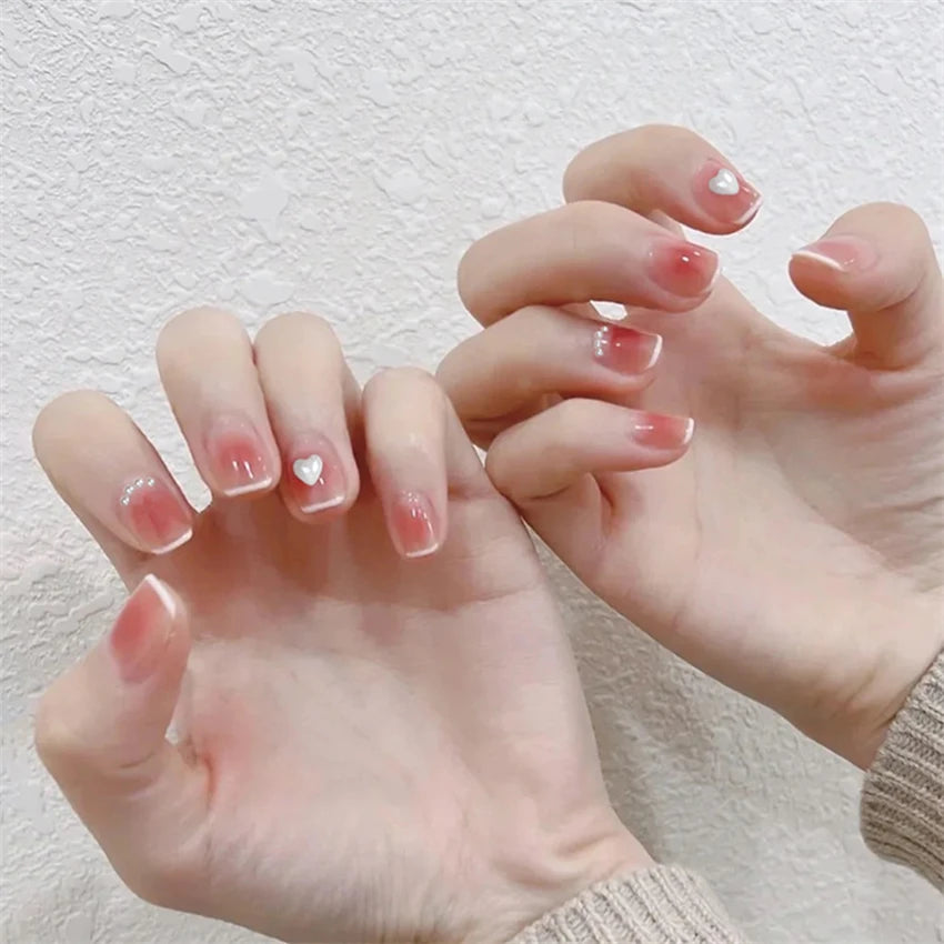 24Ps/Set Medium Long French Fake Nails Bow Japan Nude Pink with Pearls Artificial Acrylic Press on Nails Removable Stick on Nail