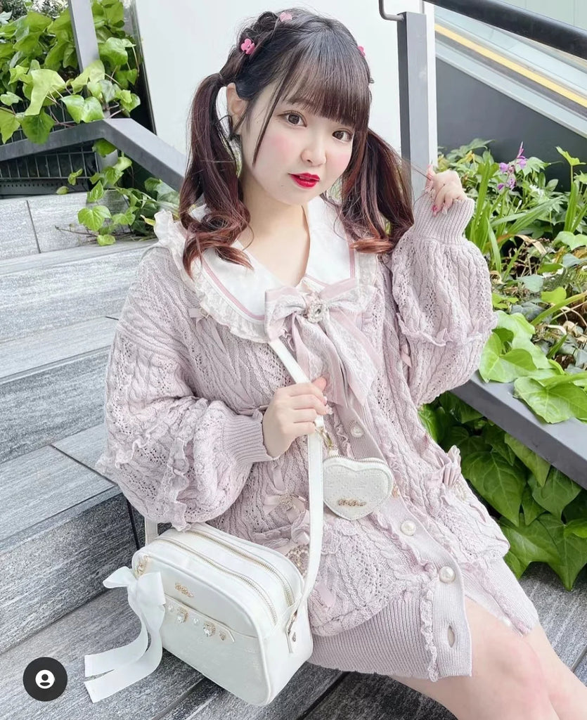 Japanese Style Ribbon Weaving Hollow Pocket Knitted Cardigan Autumn and Winter Women Girls Sweet Bowknot Long Sweater Coat