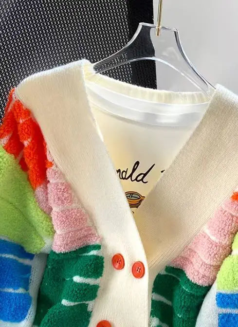 Rainbow Striped Knit Sweater Cardigan Women Double-breasted V-neck Jacket Coat Autumn Winter Long Sleeve Loose Casual Cardigan