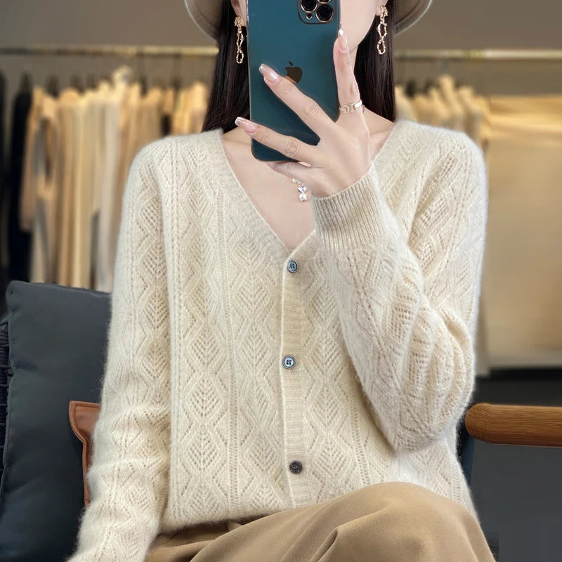 Women's V-Neck Spring and Autumn 100% Wool Cashmere Cardigan Women's Knit Sweater Super Soft Loose Large Size Long Sleeve Shirt